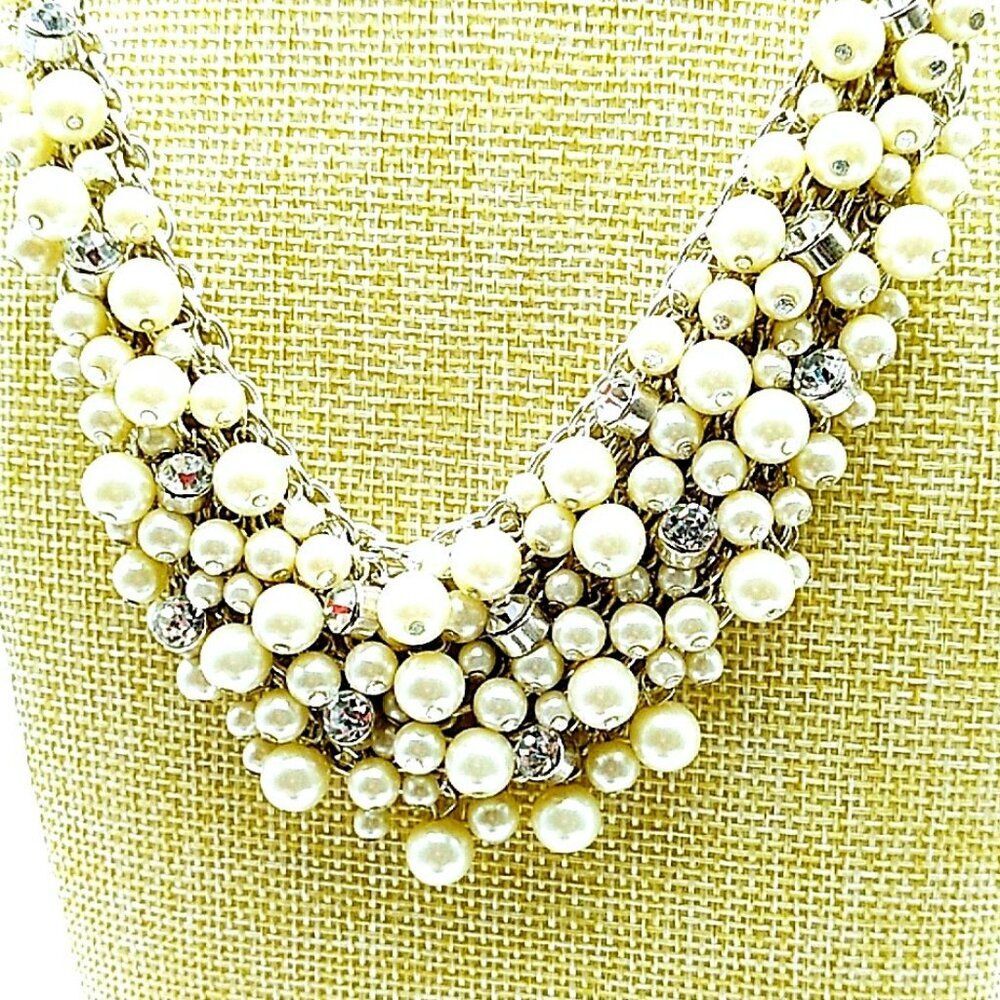 Rhinestone & Faux Pearl Cluster Bib Necklace on Silver-tone Chain